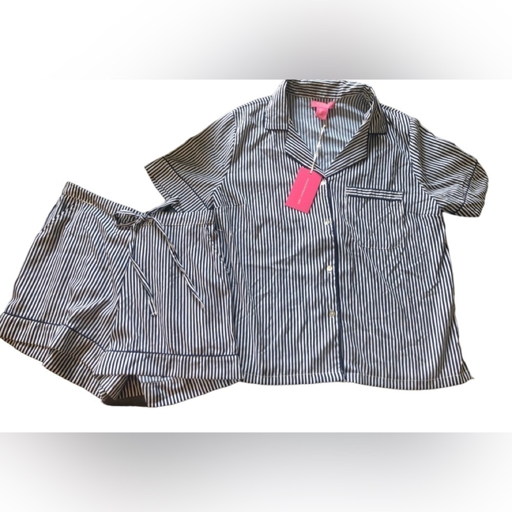 Isaac Mizrahi Navy Pinstripe 2Pc Pajama Set Sz Small Shorts Button Down SS Top